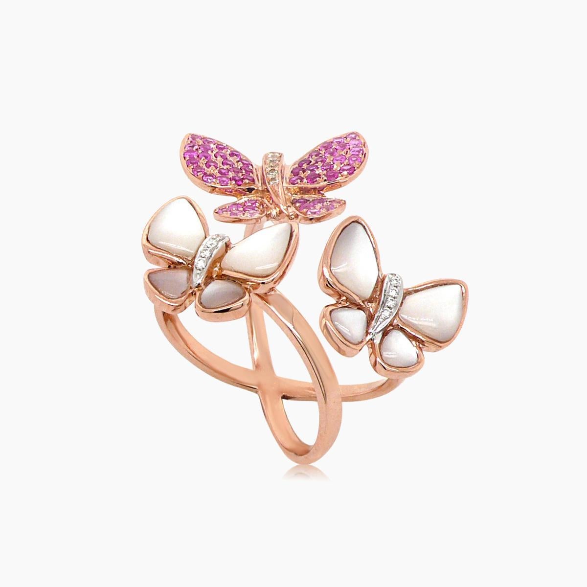 Pink Sapphire & Diamonds Pearl Pave Butterfly Sweet 18K Rose Gold Animal Ring In New Condition For Sale In Oakton, VA