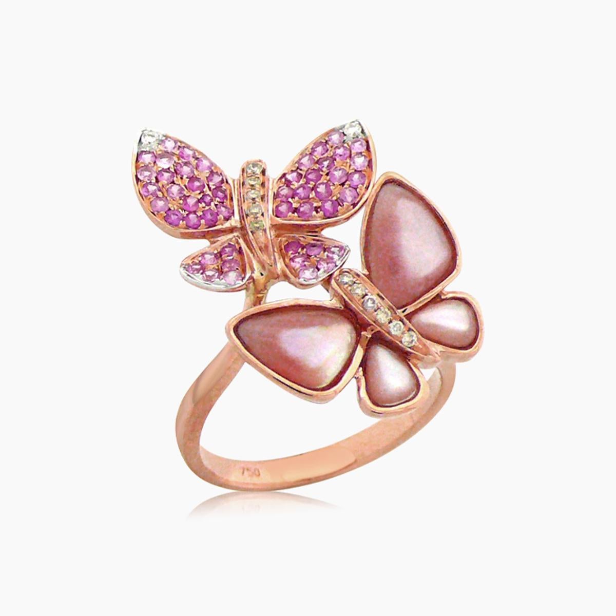 Pink Saphir & Diamanten Perle Pave Schmetterling Süß 18K Rose Gold Tier Ring im Zustand „Neu“ im Angebot in Oakton, VA