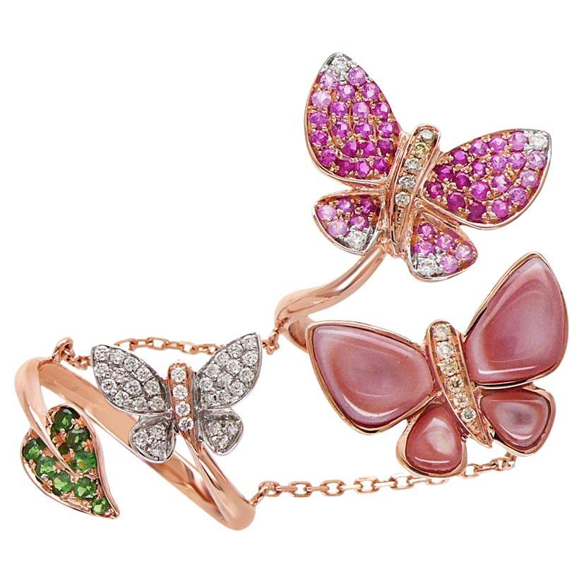 Pink Sapphire & Diamonds Pearl Pave Butterfly Sweet 18K Rose Gold Animal Ring
