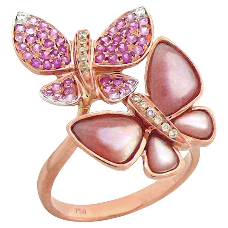Pink Saphir & Diamanten Perle Pave Schmetterling Süß 18K Rose Gold Tier Ring