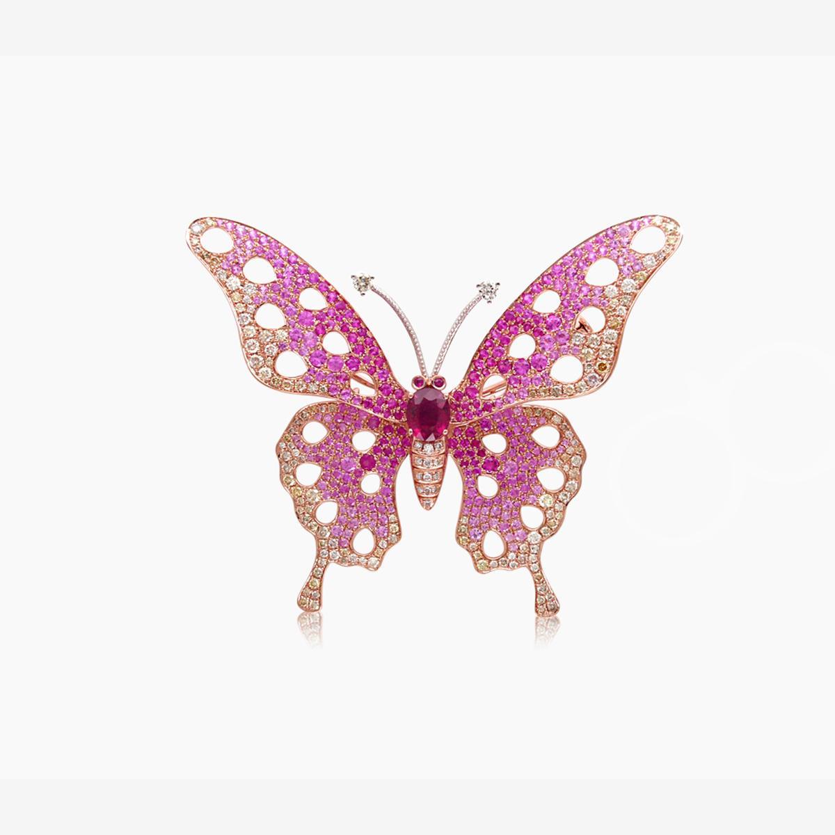 Mixed Cut Pink Sapphire & Diamonds Ruby Tourmaline Butterfly Sweet Rose Gold Animal Ring For Sale
