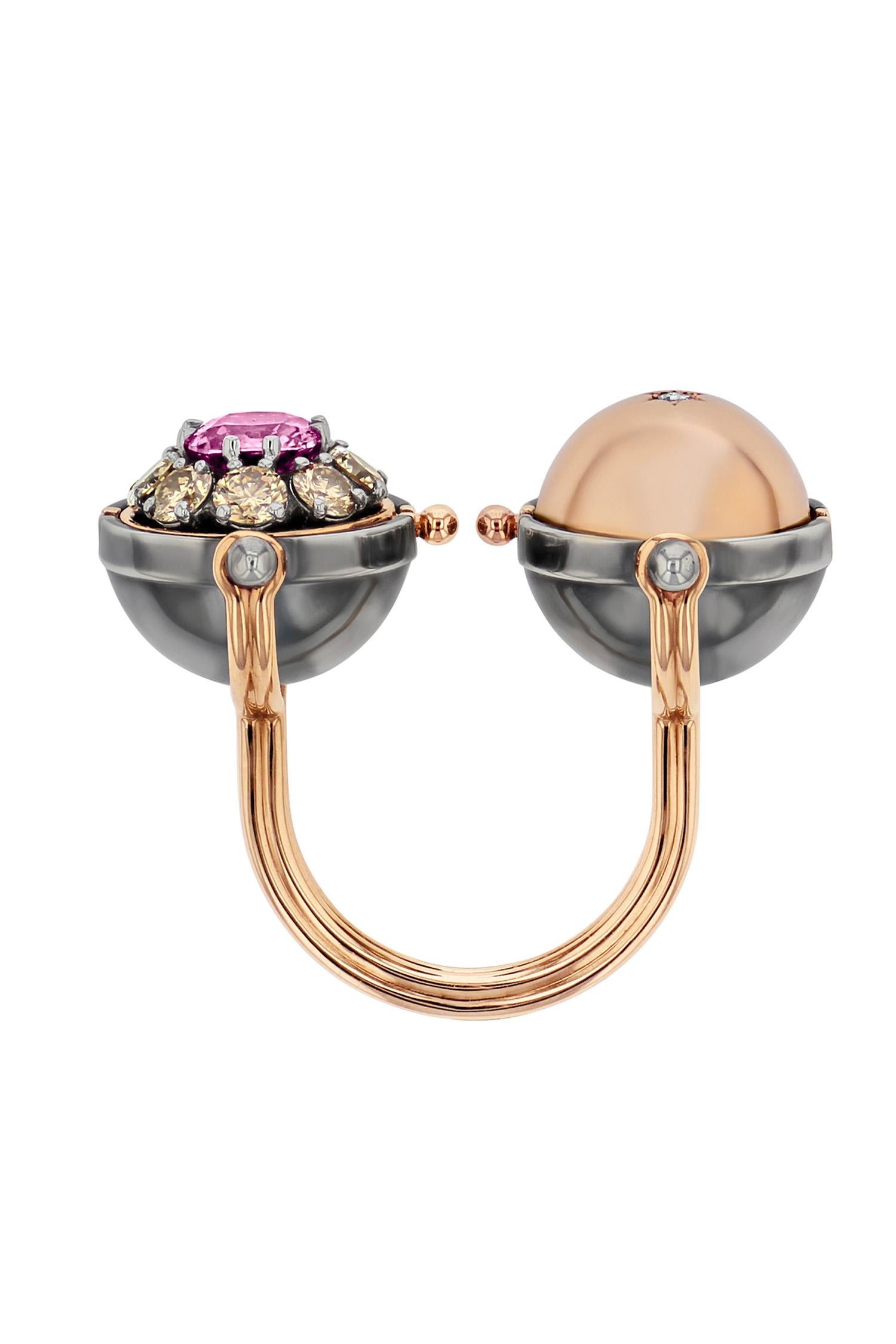 Neoclassical Pink Sapphire & Diamonds Sirius Toi&Moi Ring in 18k Rose Gold by Elie Top For Sale