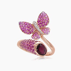 Pink Sapphire & Diamonds Tourmaline Butterfly Sweet 18K Rose Gold Animal Ring