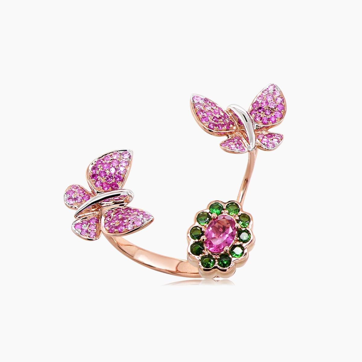 Taille mixte Saphir rose et diamants Tourmaline Papillon doux Bague animalière en or rose 18K en vente