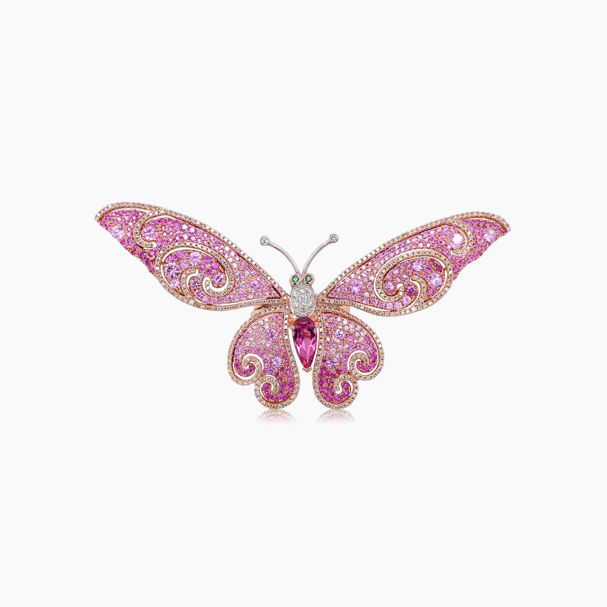 Pinker Saphir & Diamanten Turmalin Schmetterling Süßer 18K Rose Gold Tier Ring im Zustand „Neu“ im Angebot in Oakton, VA