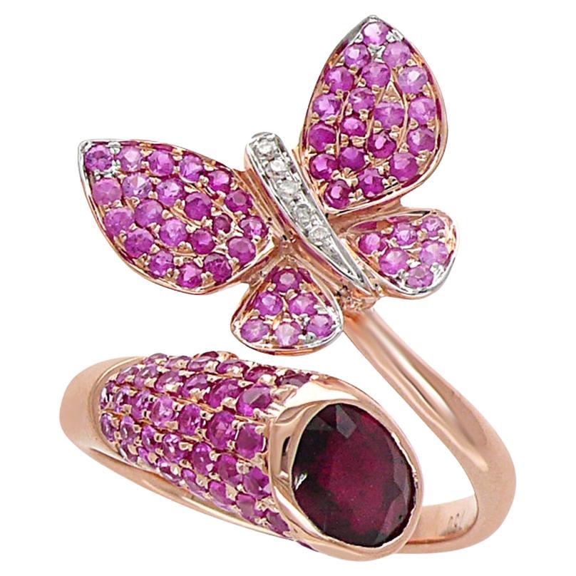 Saphir rose et diamants Tourmaline Papillon doux Bague animalière en or rose 18K