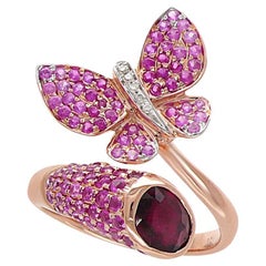 Saphir rose et diamants Tourmaline Papillon doux Bague animalière en or rose 18K