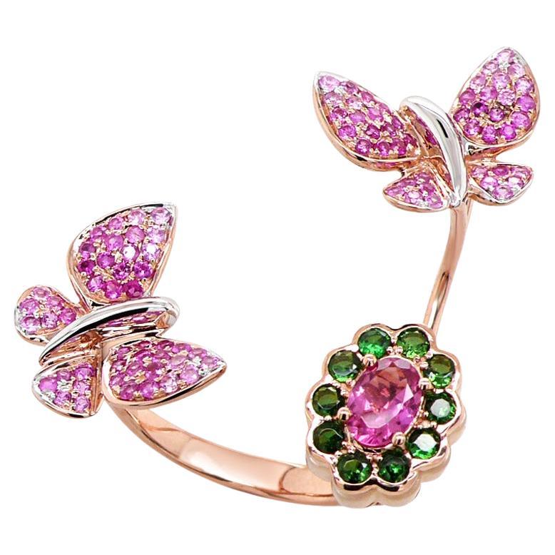 Saphir rose et diamants Tourmaline Papillon doux Bague animalière en or rose 18K