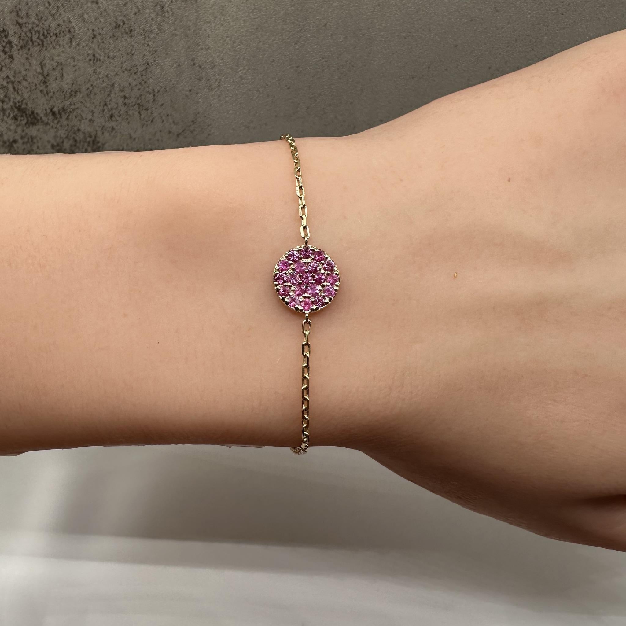 Pulsera de disco de zafiro rosa en oro amarillo de 14 quilates - 0,57 ctw, 6,5 pulg, Nuevo en Nuevo estado para la venta en West Hempstead, NY