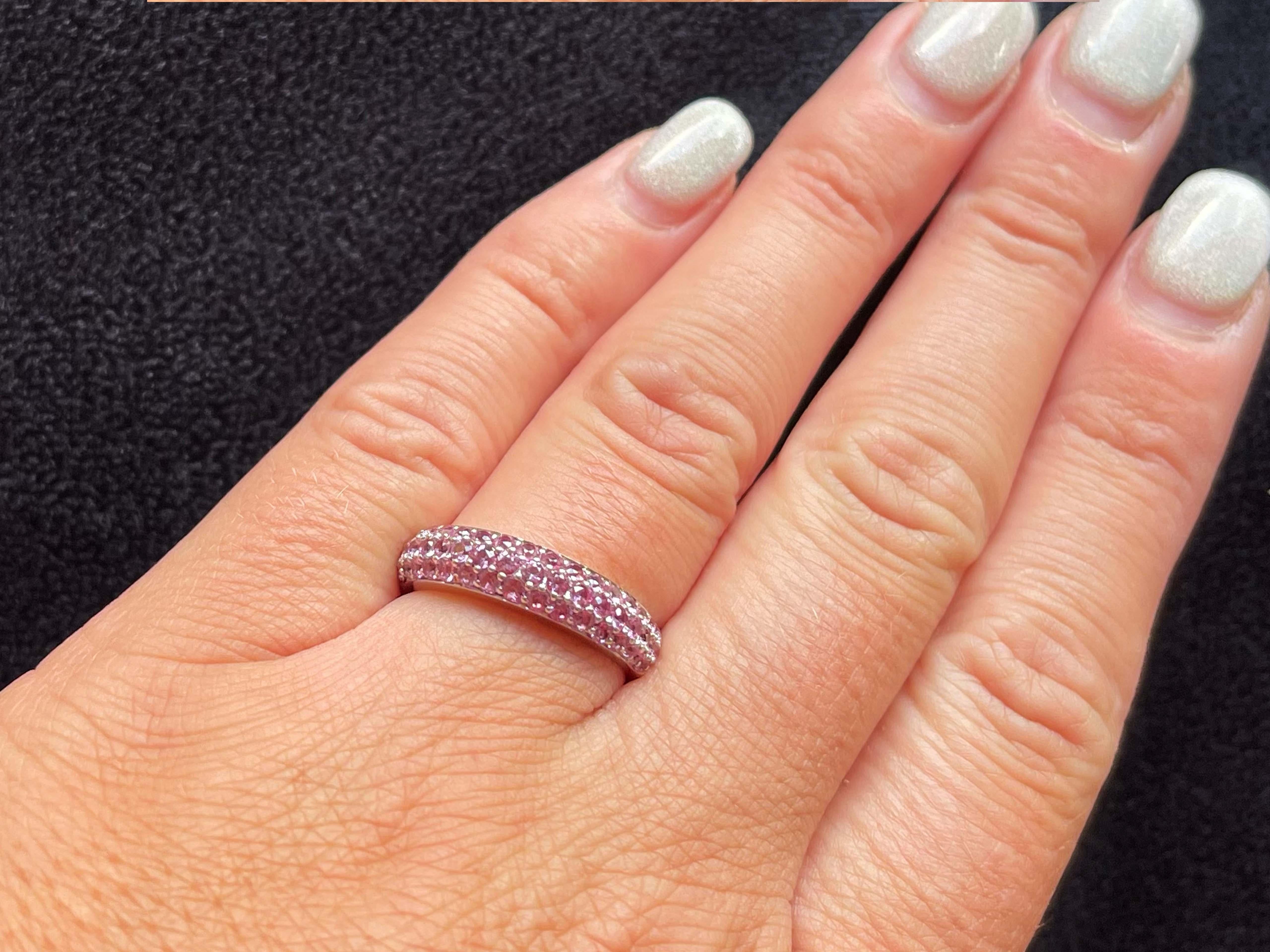 Item Specifications:

Metal: 14K White Gold

Style: Statement Ring

Gemstone Specifications:

Gemstone: 55 pink round Sapphires

Sapphire Carat Weight: 0.65 Carats

Total Weight: 4.0 Grams
​
​Stamped: 