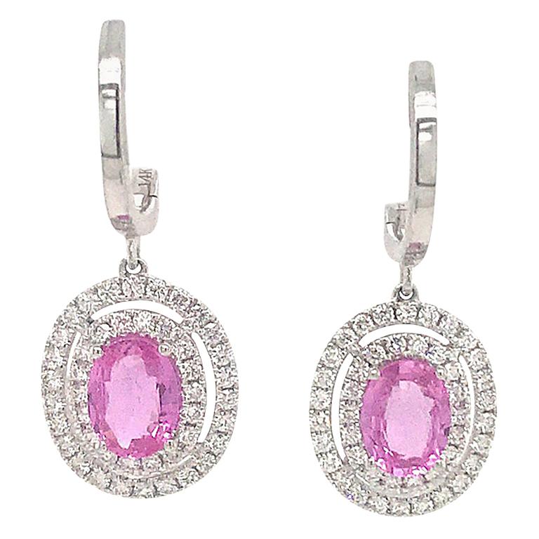 Pink Sapphire Double Diamond Halo Drop Earrings 2.62 Carat 14 Karat White Gold