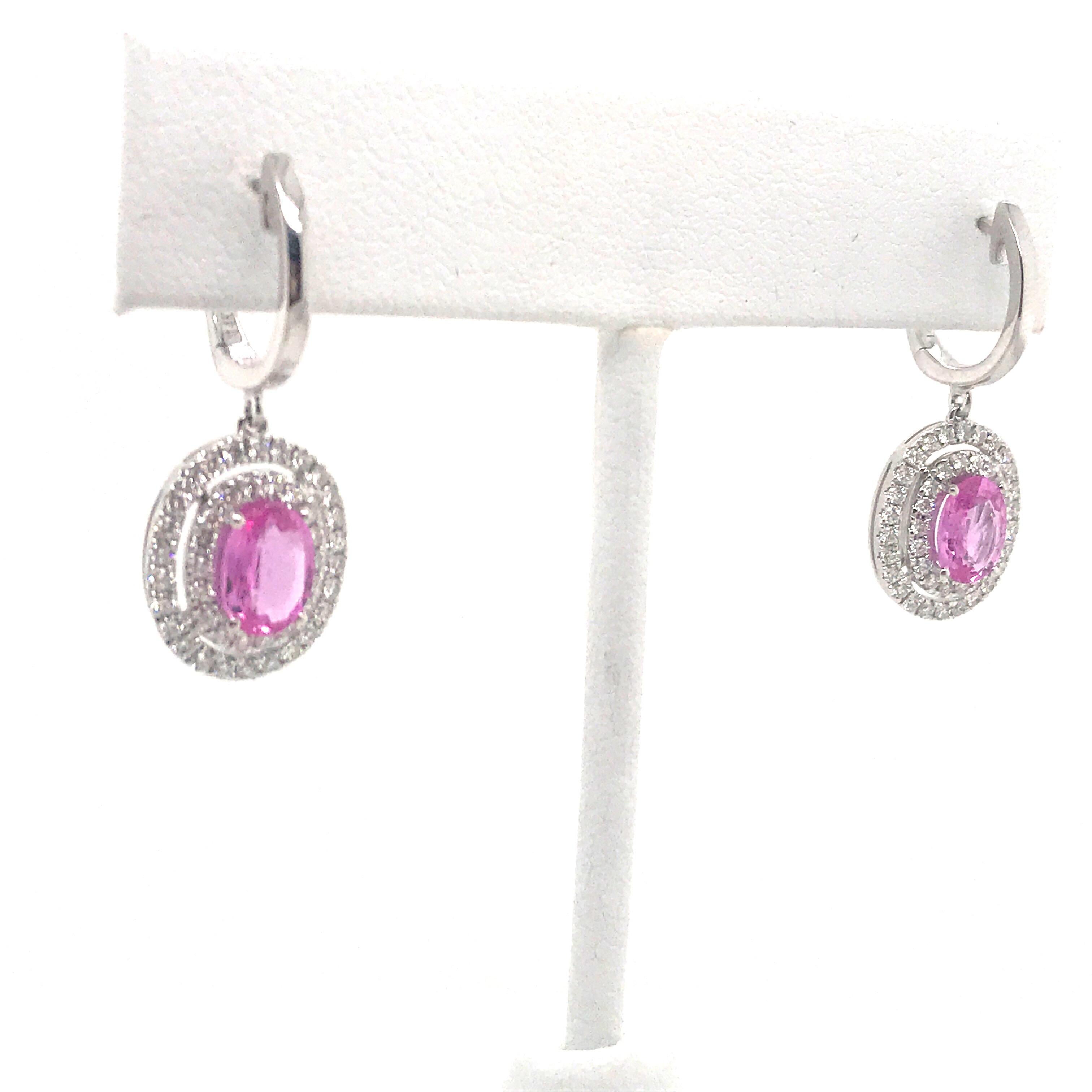 Contemporary Pink Sapphire Double Diamond Halo Drop Earrings 2.62 Carat 14 Karat White Gold