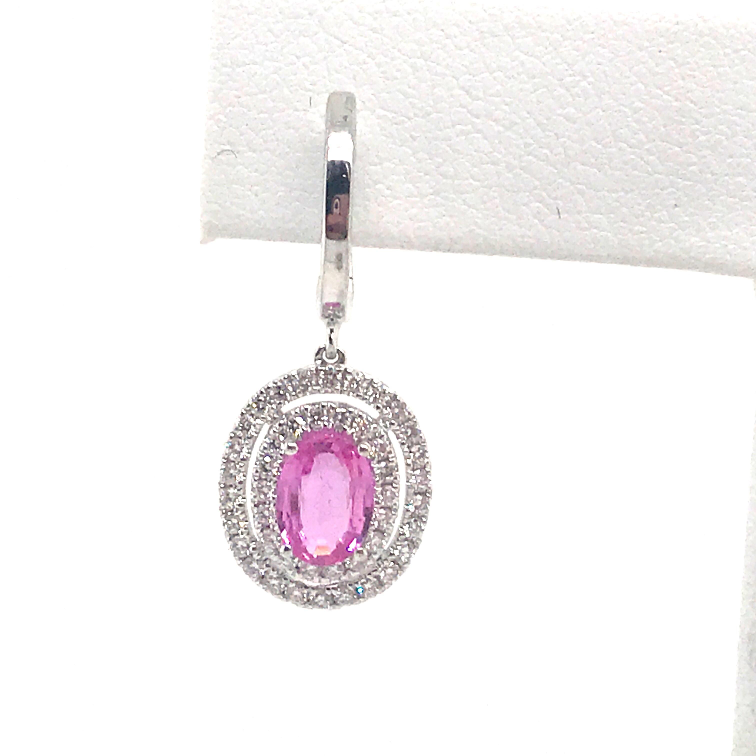 Oval Cut Pink Sapphire Double Diamond Halo Drop Earrings 2.62 Carat 14 Karat White Gold