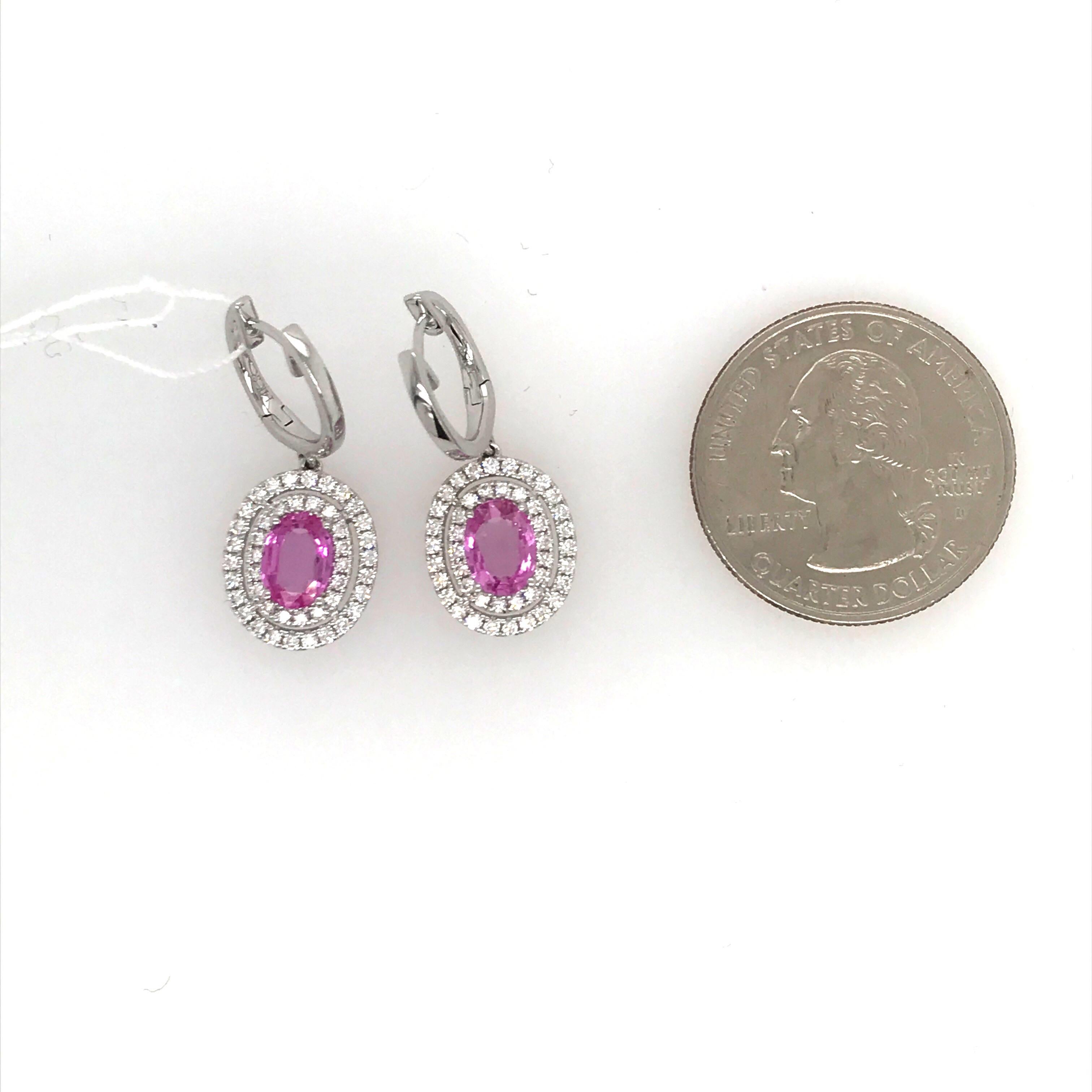 Pink Sapphire Double Diamond Halo Drop Earrings 2.62 Carat 14 Karat White Gold In New Condition In New York, NY