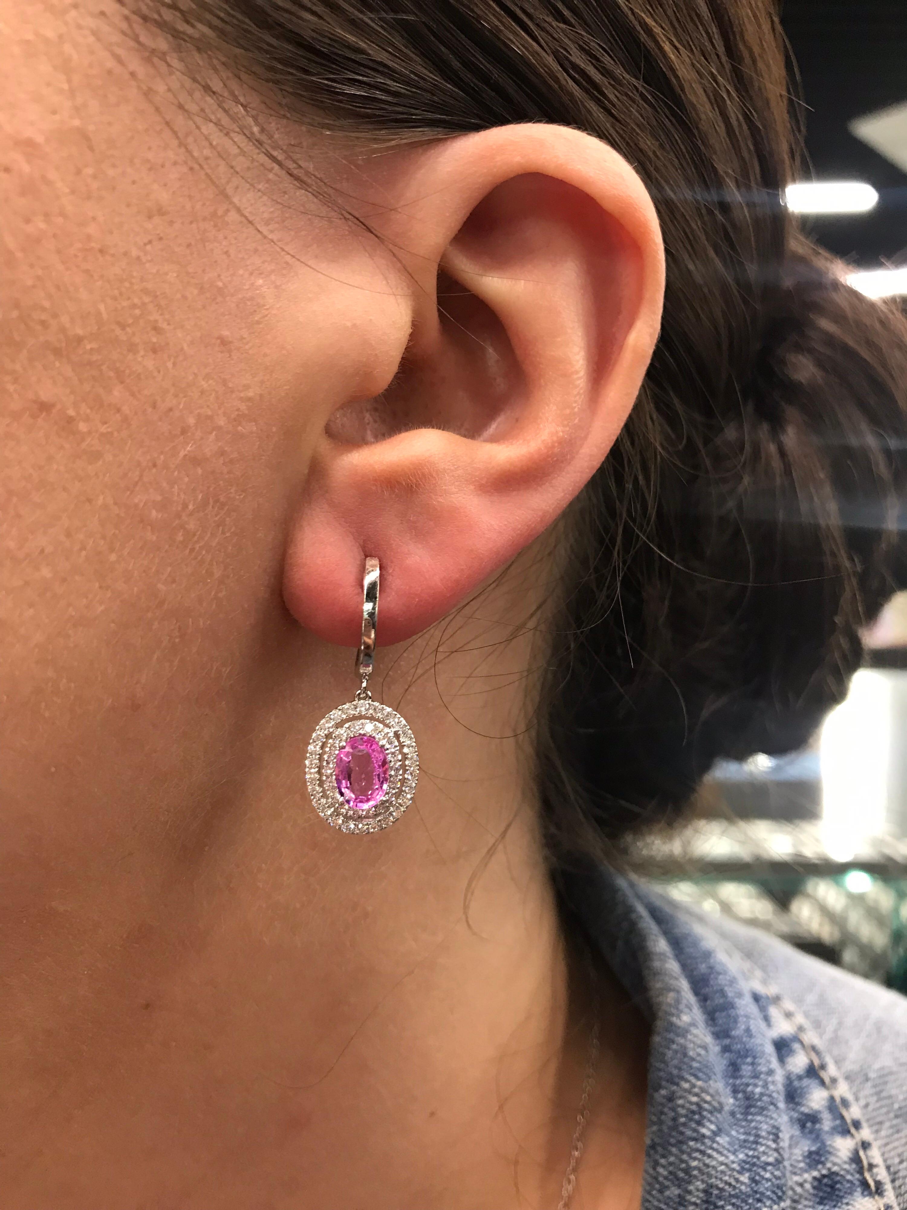 Women's Pink Sapphire Double Diamond Halo Drop Earrings 2.62 Carat 14 Karat White Gold