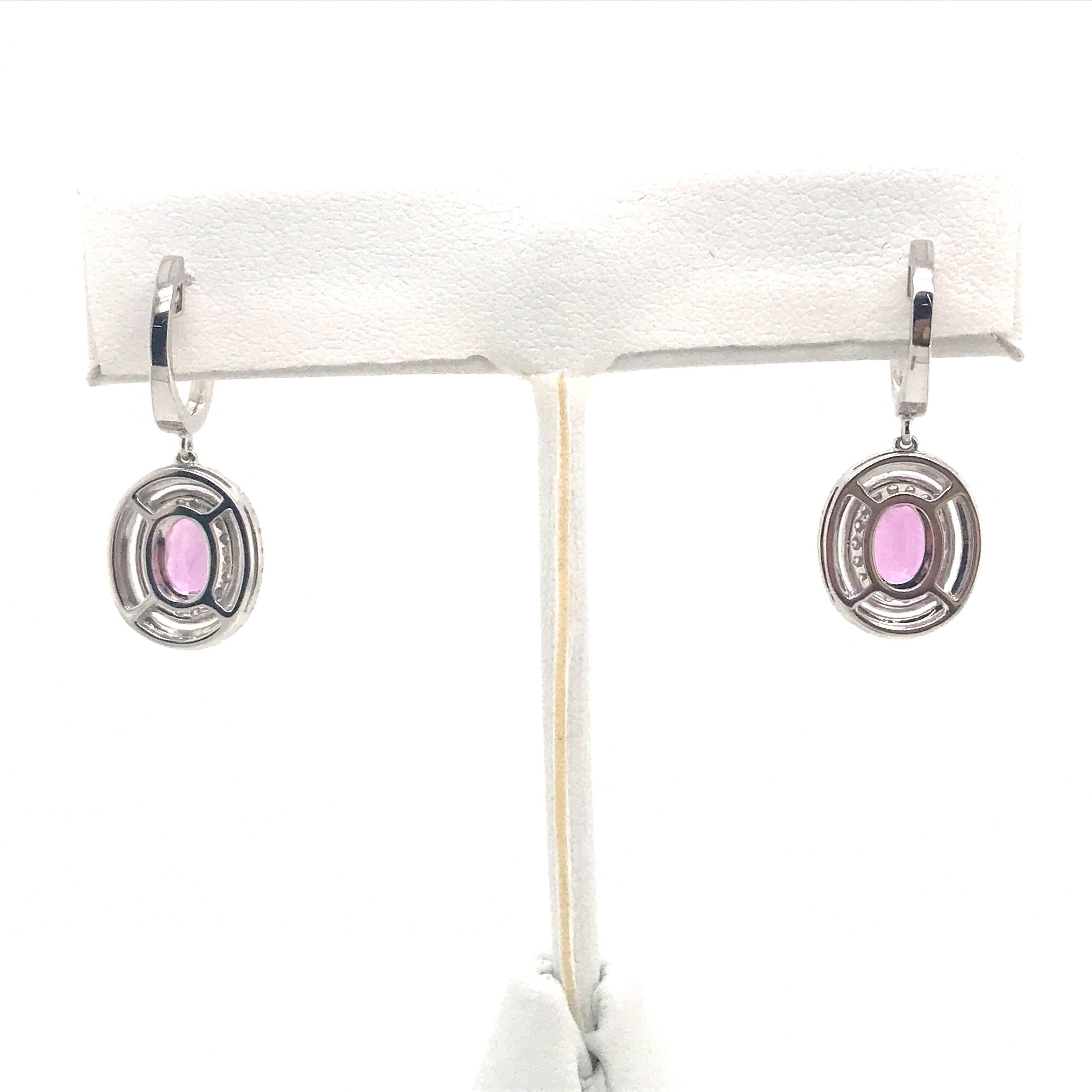 Pink Sapphire Double Diamond Halo Drop Earrings 2.62 Carat 14 Karat White Gold 2