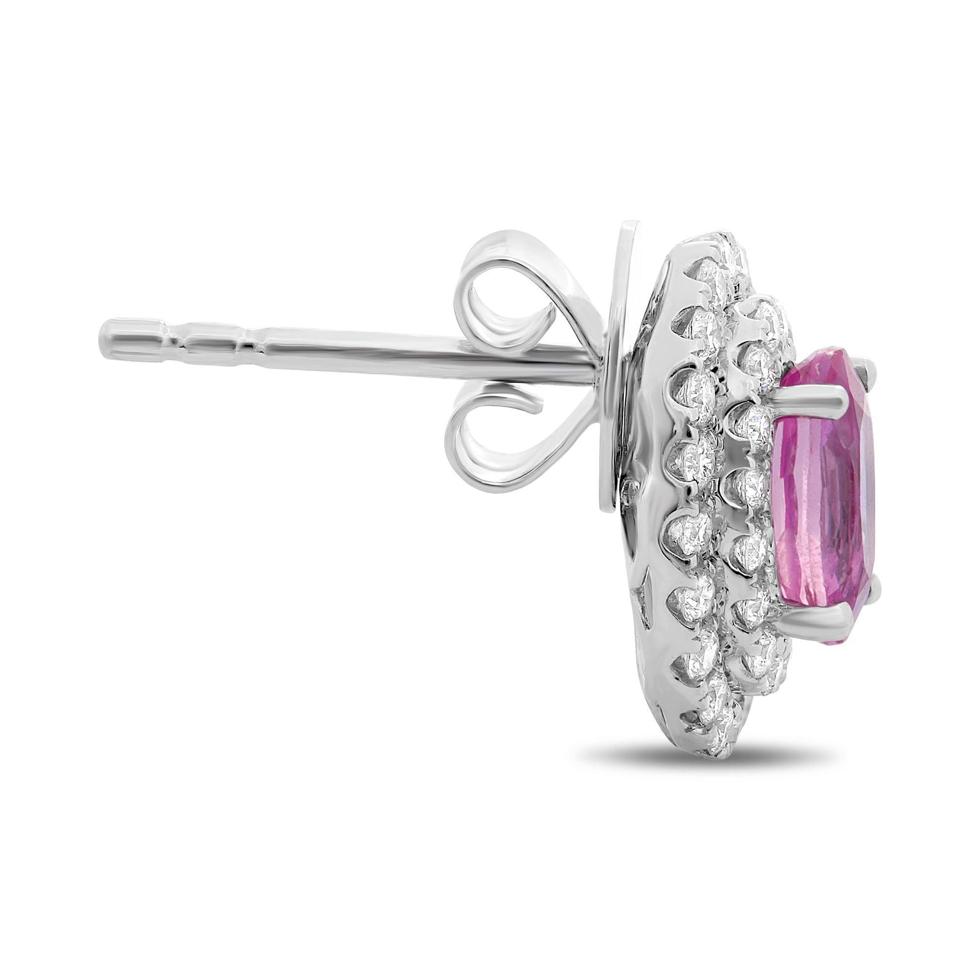 Oval Cut Pink Sapphire Double Halo Stud Earrings For Sale