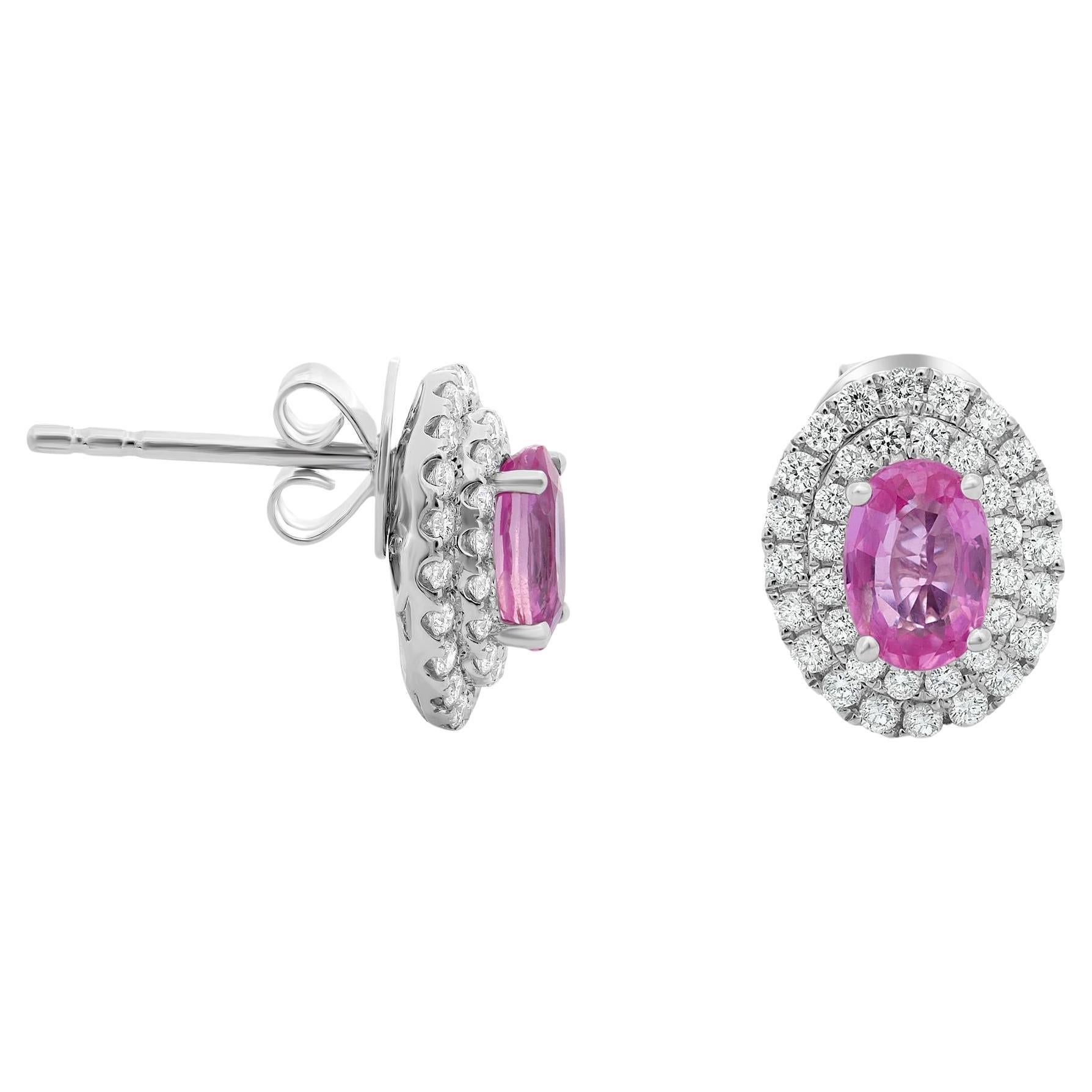 Pink Sapphire Double Halo Stud Earrings For Sale