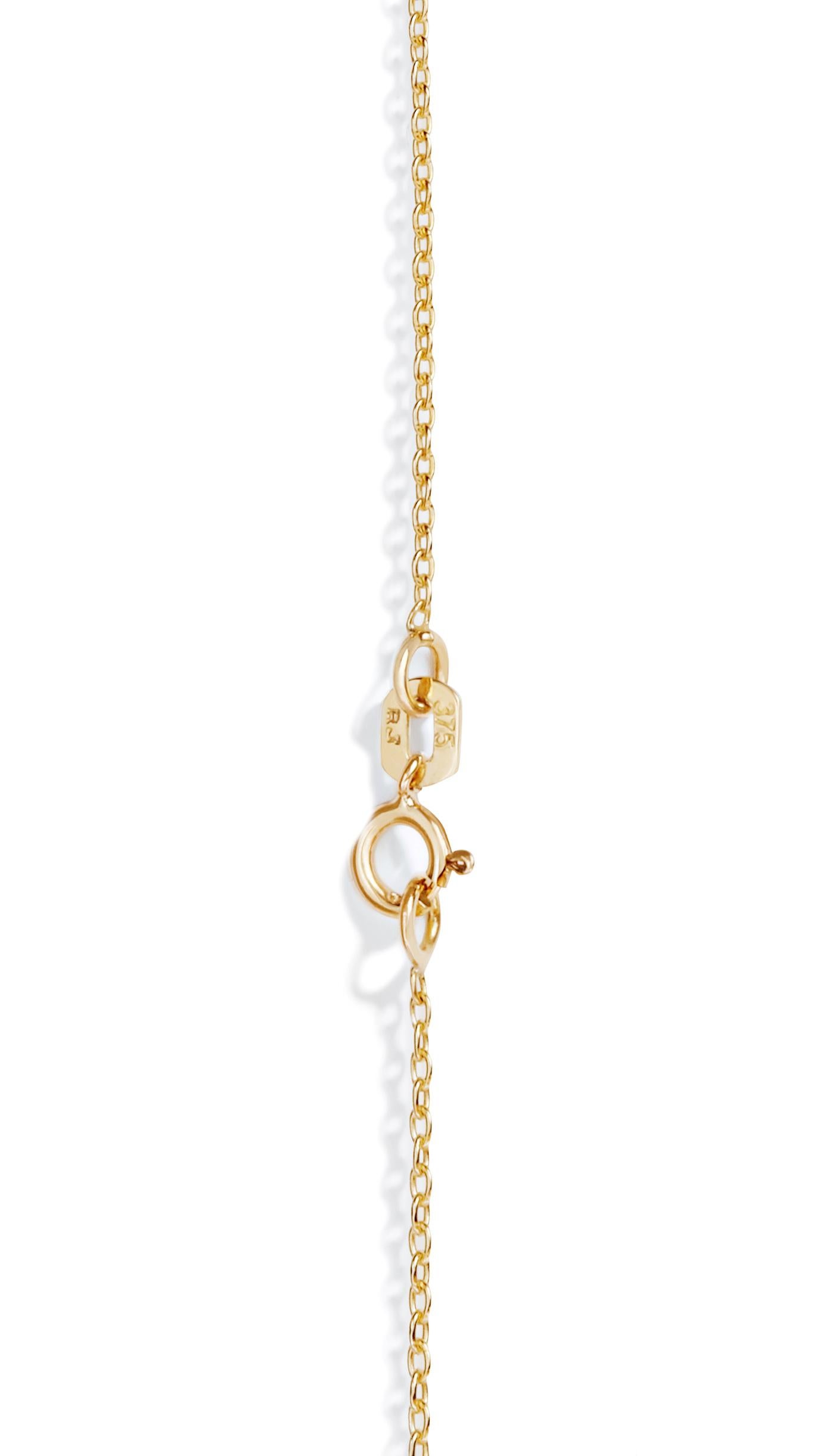 This necklace features a delicate faceted pink sapphire briolette strung on a fine 16-inch chain.  The 9-carat yellow gold chain is hallmarked and total sapphire carat weight is approximately 0.2 carat. 

Handmade in London. 