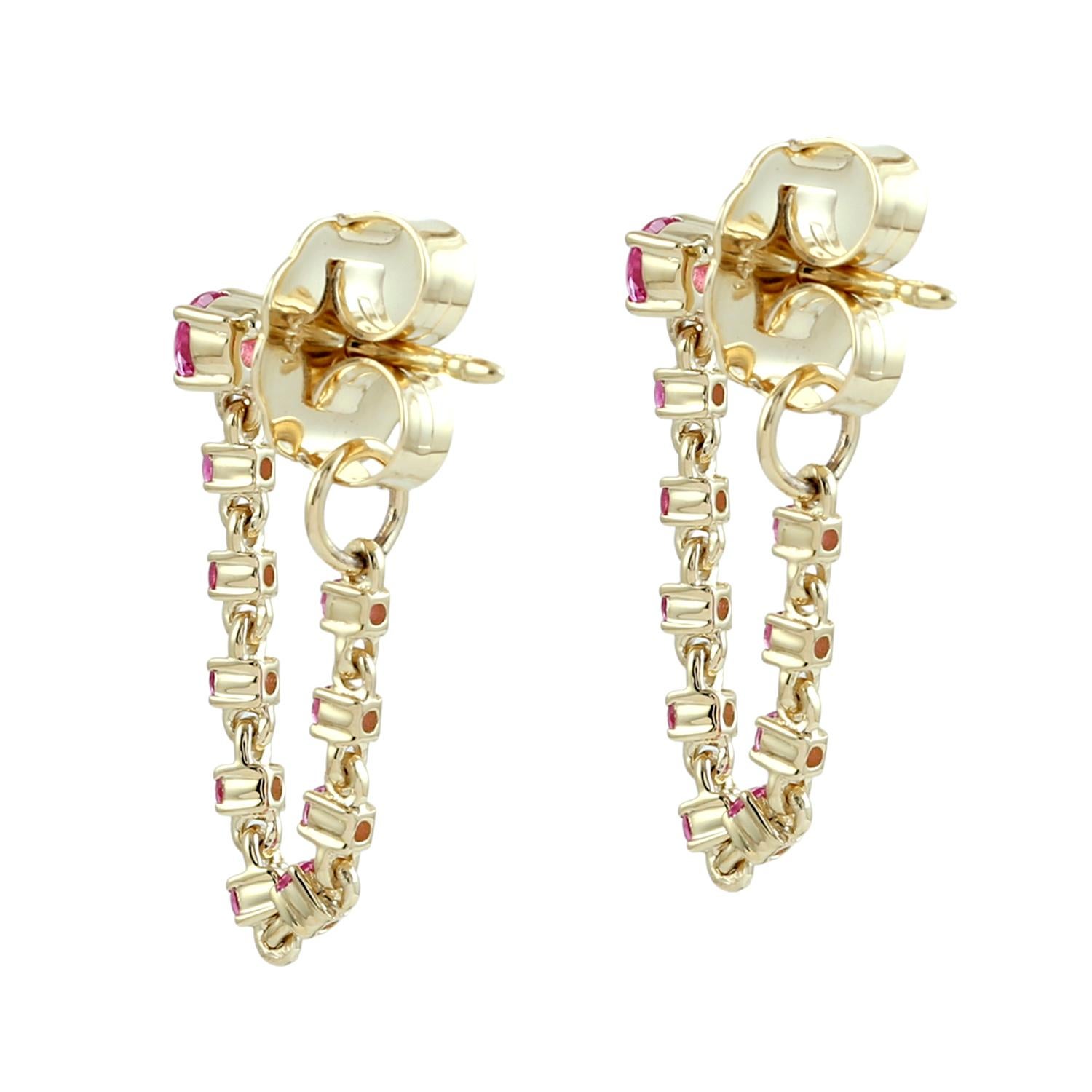 Taglio misto Pink Sapphire Ear Thread Chain Earrings Made In 14k Yellow Gold in vendita
