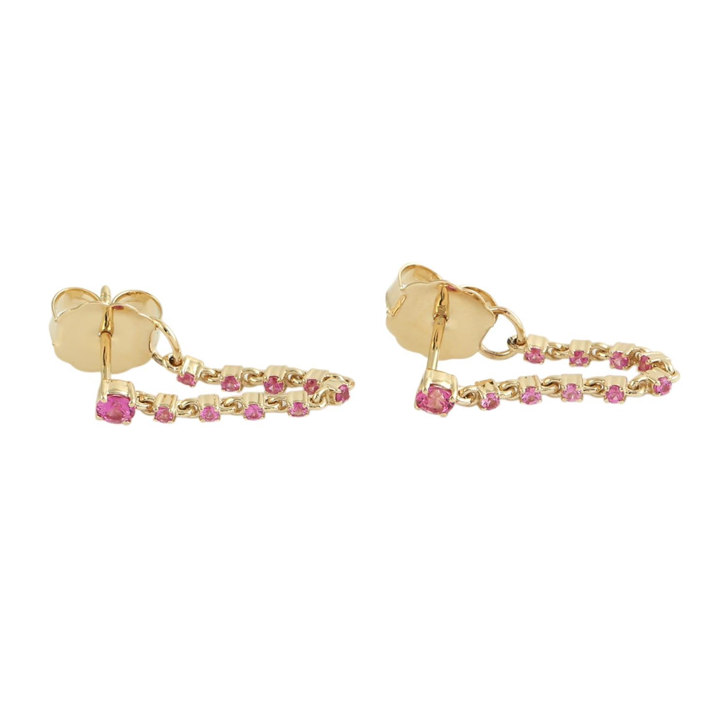 Pink Sapphire Ear Thread Chain Earrings Made In 14k Yellow Gold In condizioni Nuovo in vendita a New York, NY