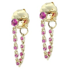 Pink Sapphire Ear Thread Chain Earrings Made In 14k Yellow Gold