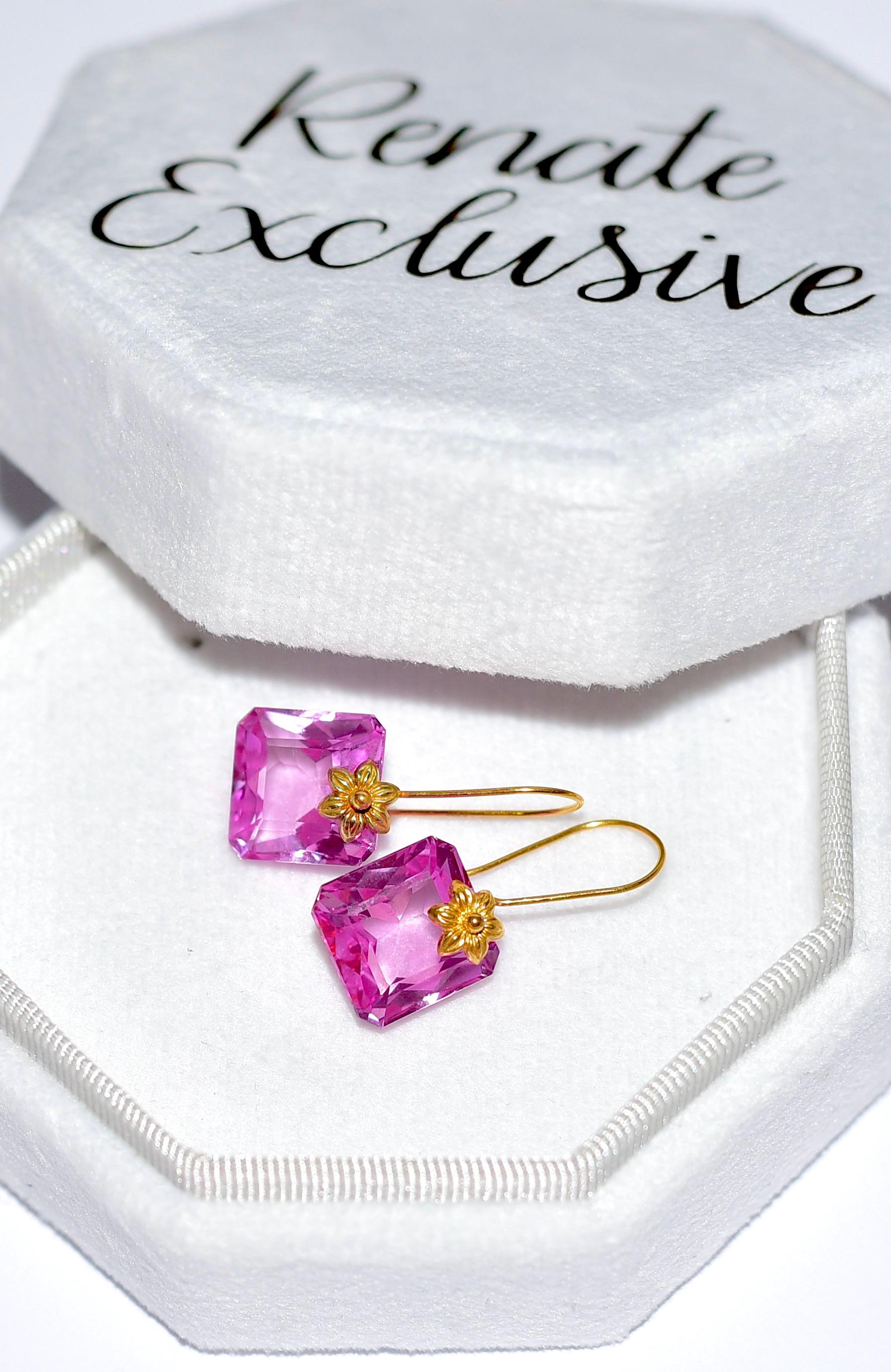 Baguette Cut Pink Sapphire Earrings in 18K Solid Yellow Gold