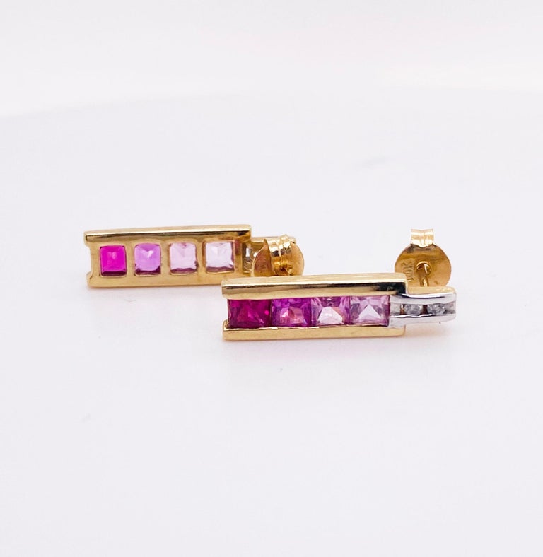Contemporary Pink Sapphire Earrings w Stud Drop Design in 14k Yellow Gold For Sale