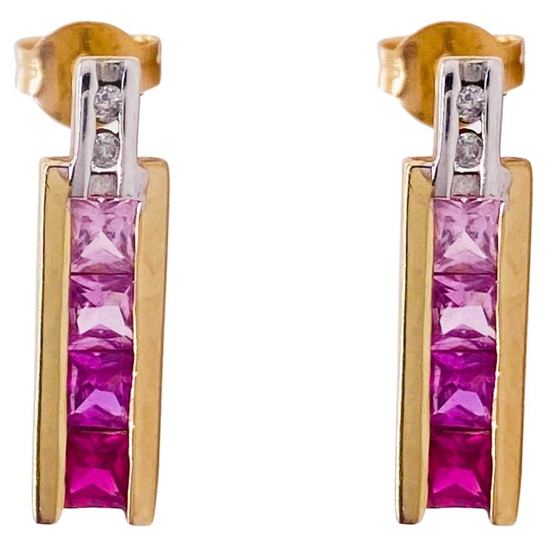 Pink Sapphire Earrings w Stud Drop Design in 14k Yellow Gold For Sale