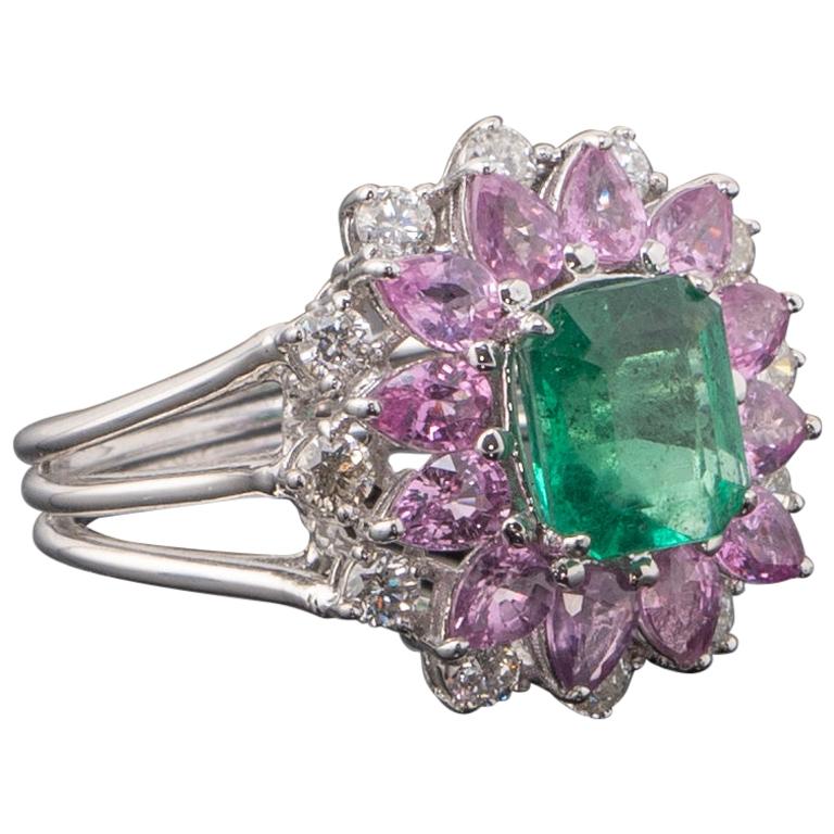 Pink Sapphire, Emerald and Diamond 18k Gold Ring