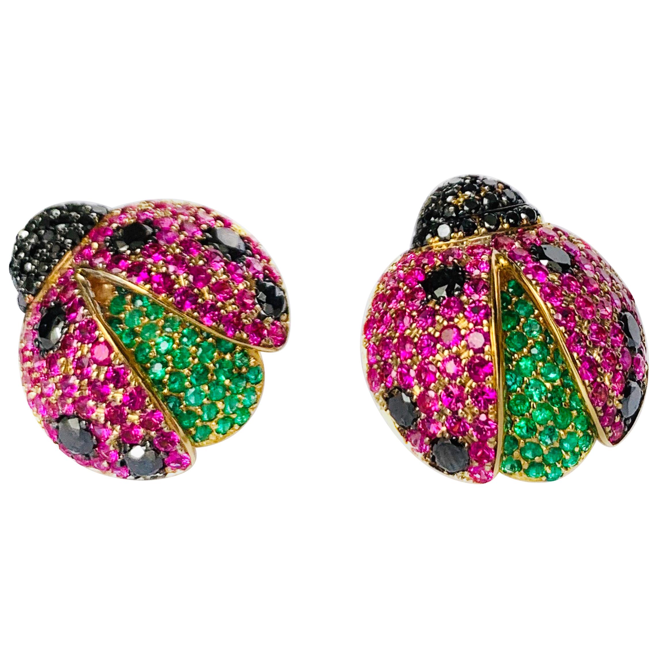 Rosior Pink Sapphire, Emerald and Diamond "Ladybug" Stud Earrings 