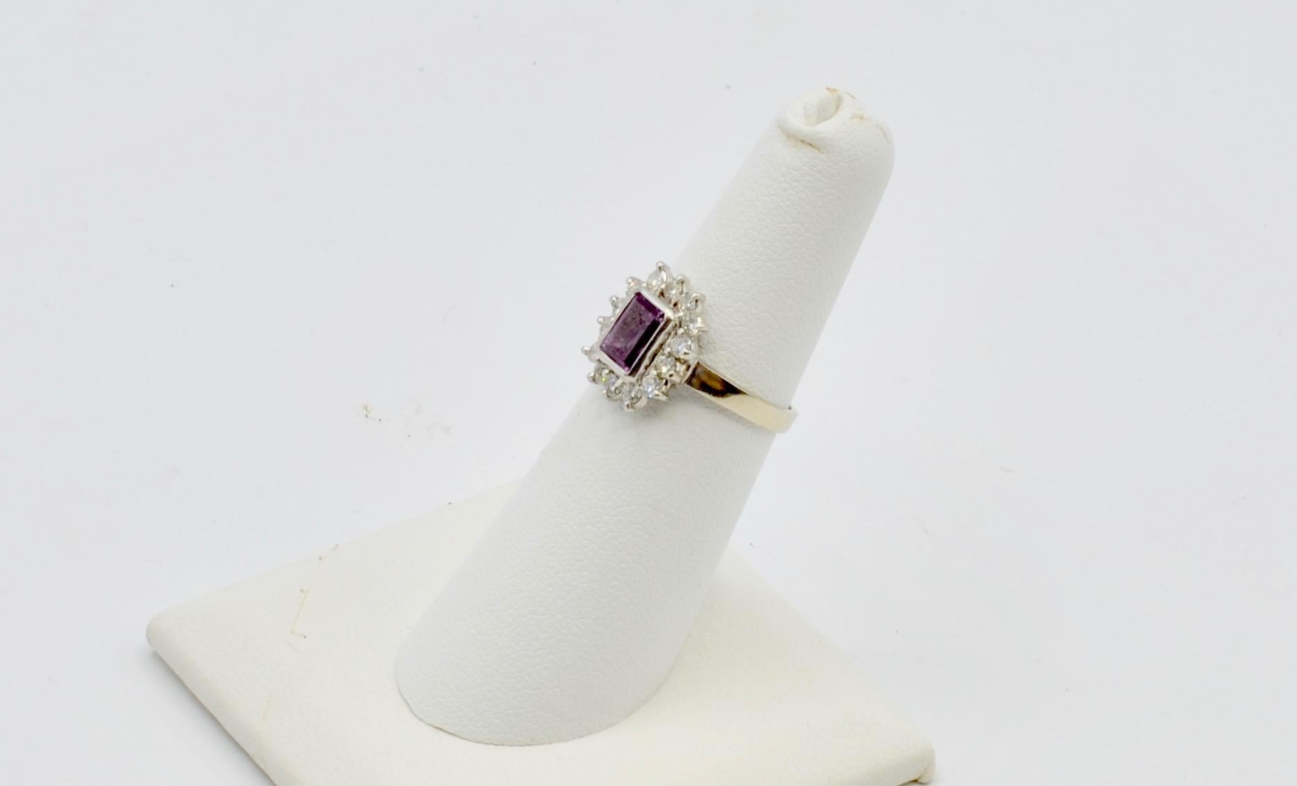 Modern Pink Sapphire Emerald Cut 1 Carat Surrounded with Diamonds in White Gold Ring For Sale