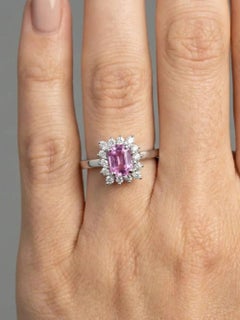 Pink Sapphire Emerald-Cut 14K White Gold (18K Custom) Diamond Halo Ring