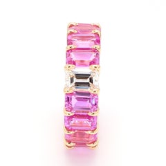 Pink Sapphire Emerald Cut and Diamond Eternity Band Ring