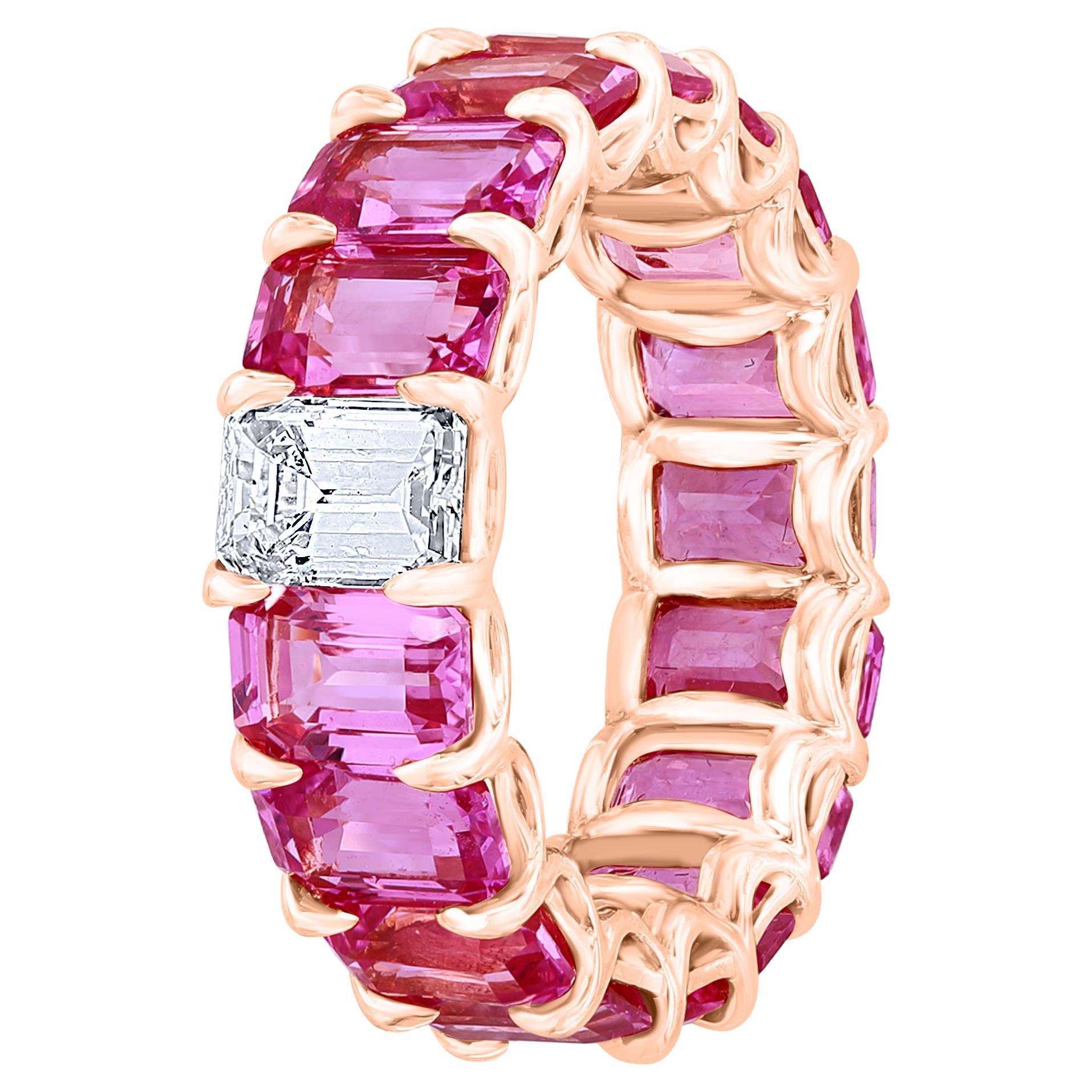 Pink Sapphire Emerald Cut and Diamond Eternity Band Ring For Sale