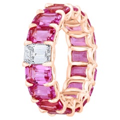 Pink Sapphire Emerald Cut and Diamond Eternity Band Ring