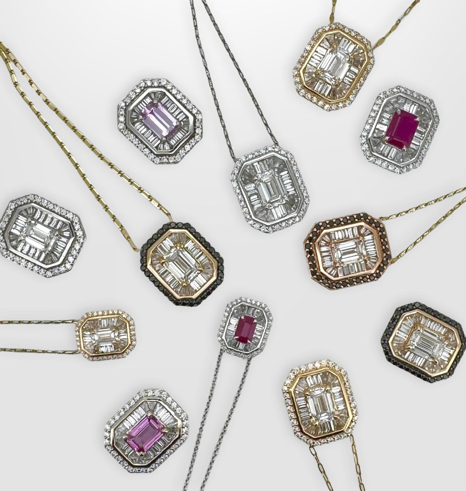 Collana con zaffiro rosa taglio smeraldo e diamante Baguette Burst in oro 14 K. in vendita 2