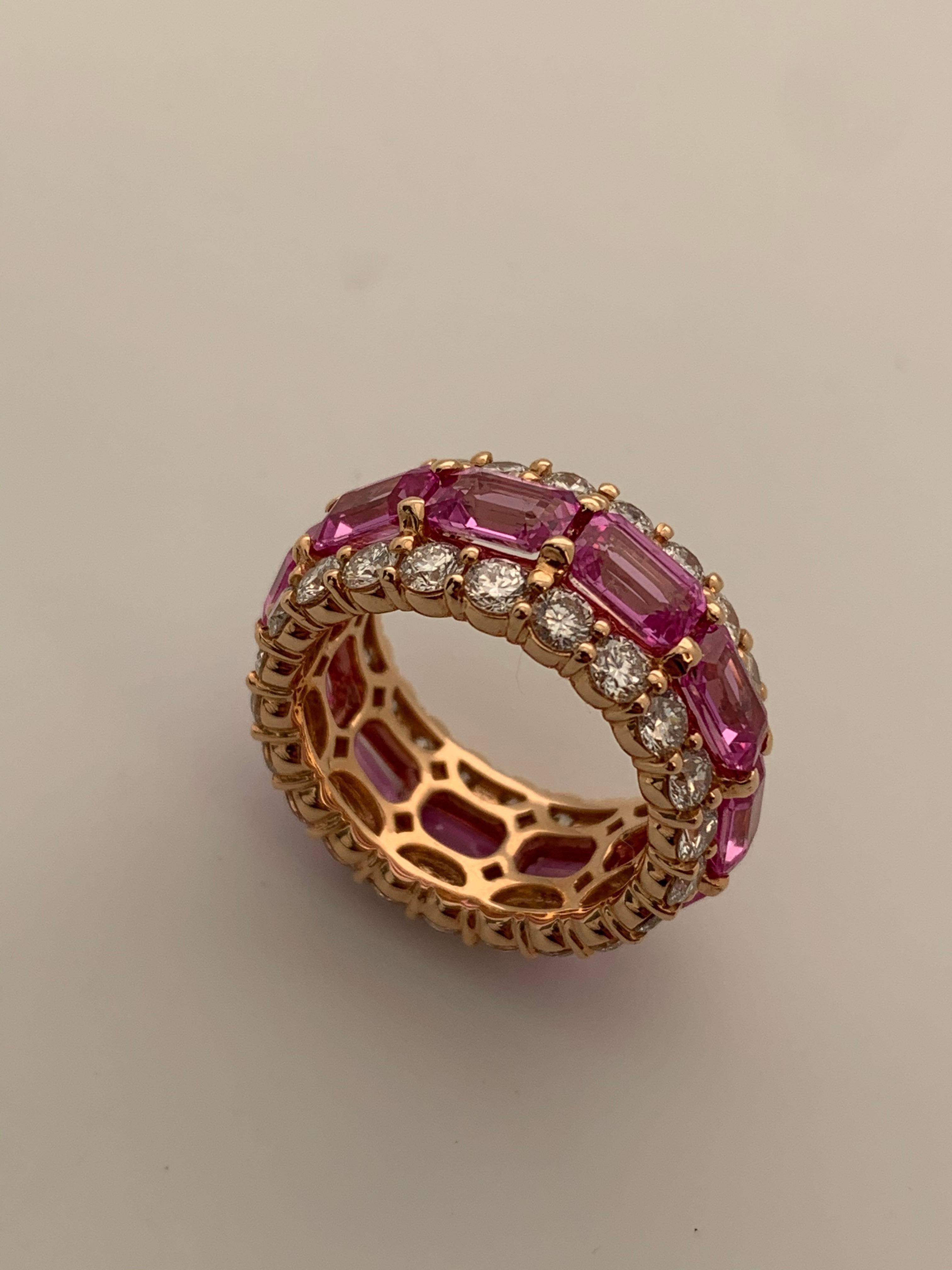 Pink Sapphire Emerald Cuts and Round White Diamond Multi-Row Eternity Band Ring In New Condition For Sale In New York, NY