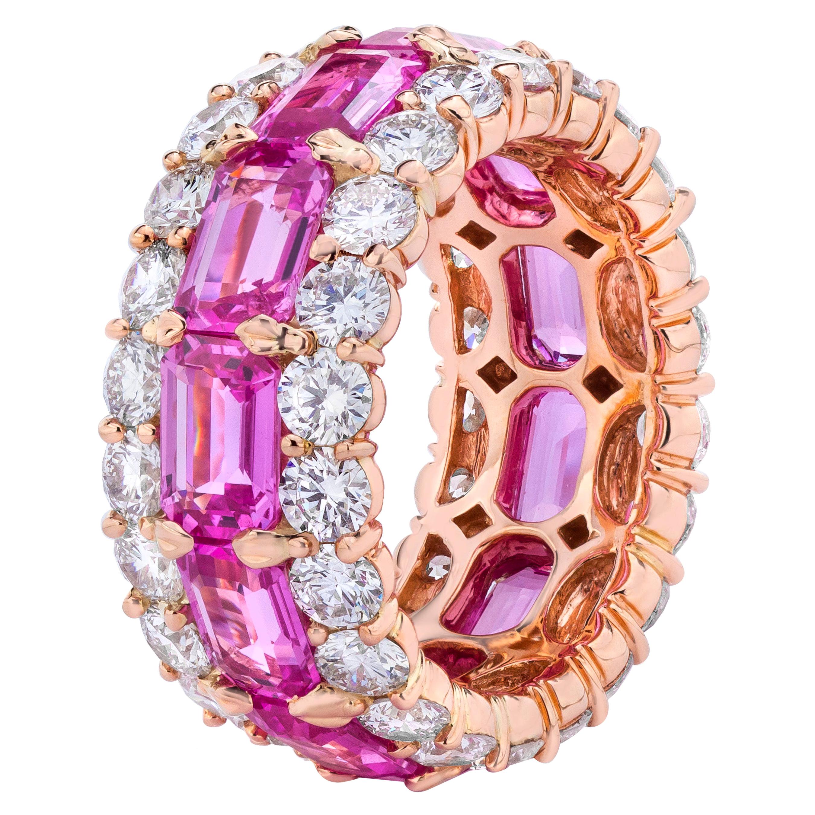 Pink Sapphire Emerald Cuts and Round White Diamond Multi-Row Eternity Band Ring For Sale