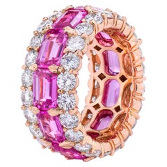 Pink Sapphire Emerald Cuts and Round White Diamond Multi-Row Eternity Band Ring