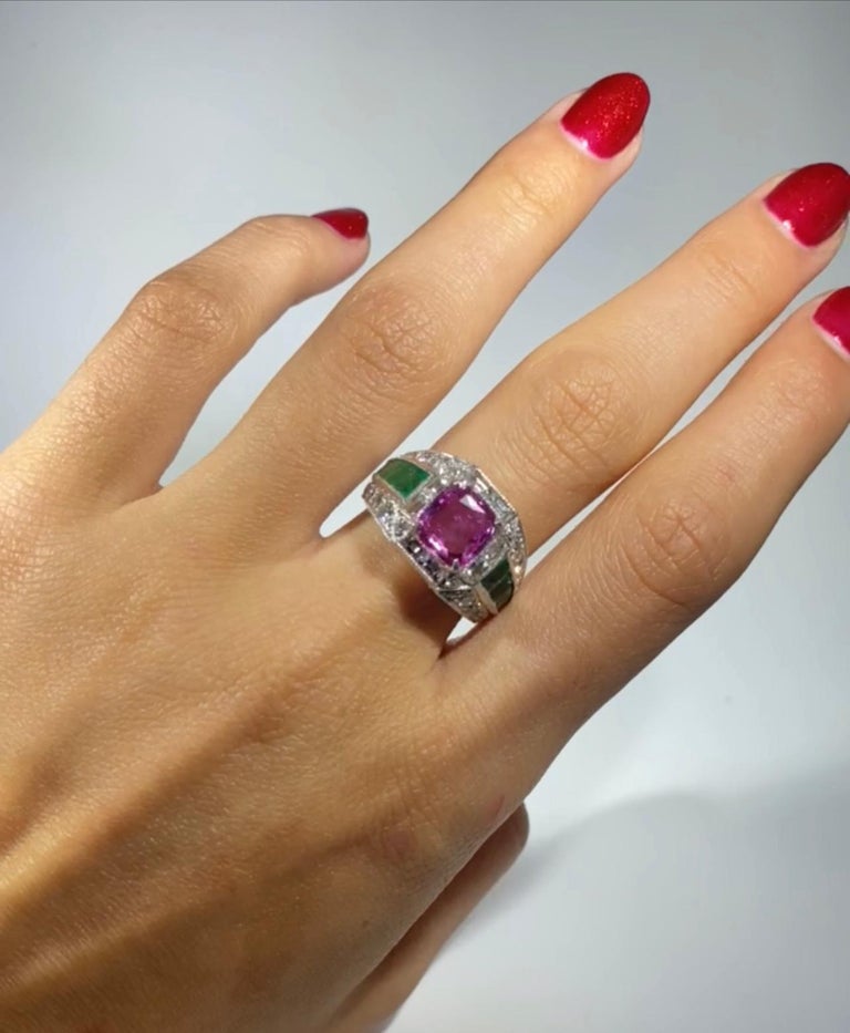 Pink Sapphire Emerald Deco Style and Diamond Ring For Sale at 1stDibs