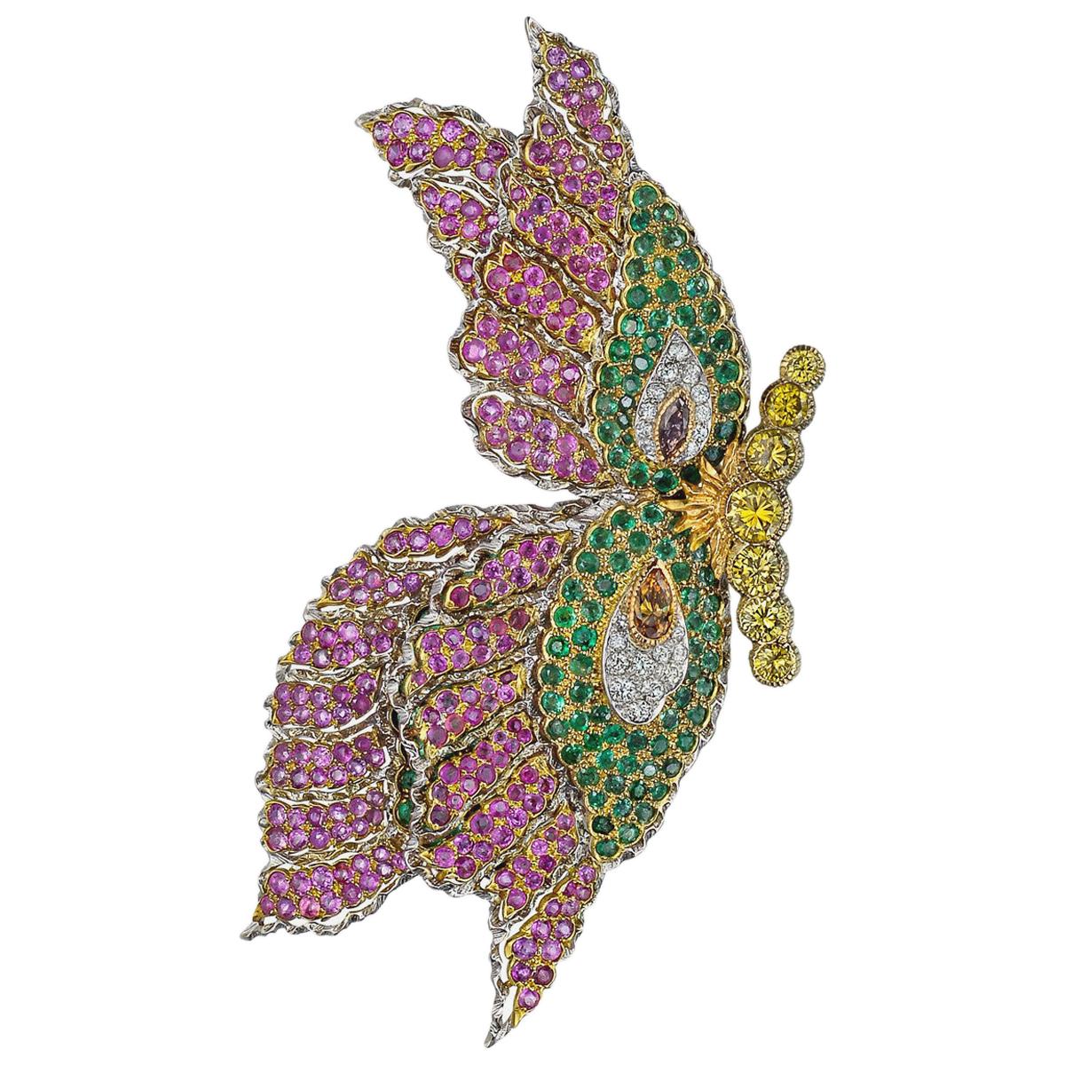 Pink Sapphire, Emerald and Diamond Butterfly Pin