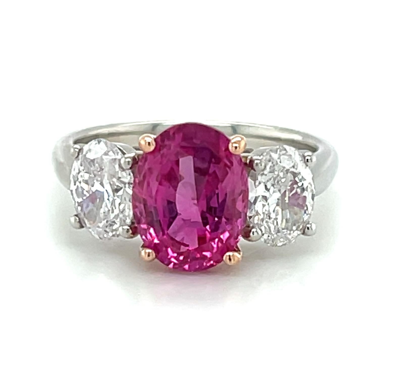 Artisan Pink Sapphire Engagement Ring, 3.13 Carats with Oval Diamonds, GIA Certified For Sale