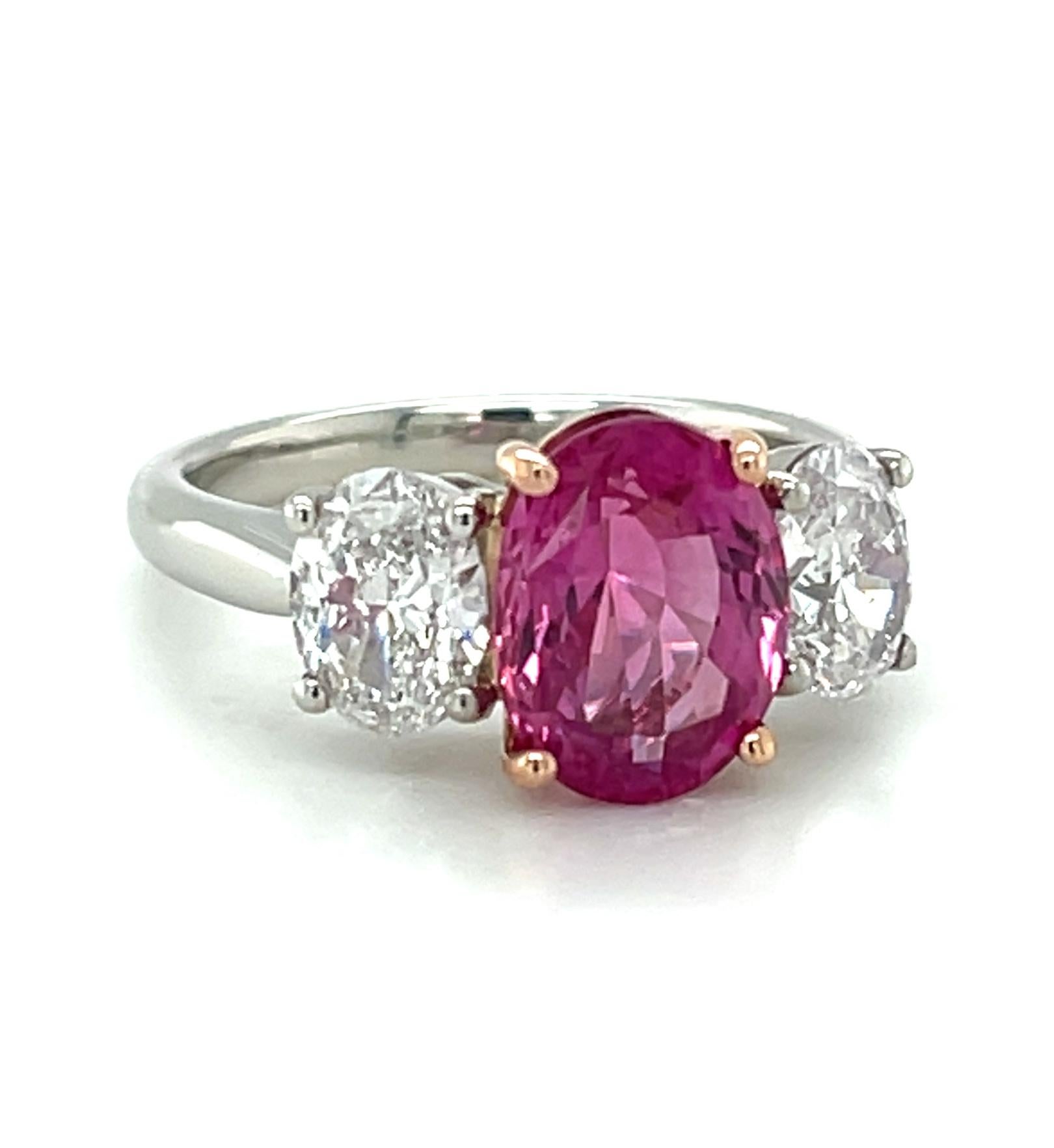 Oval Cut Pink Sapphire Engagement Ring, 3.13 Carats with Oval Diamonds, GIA Certified For Sale