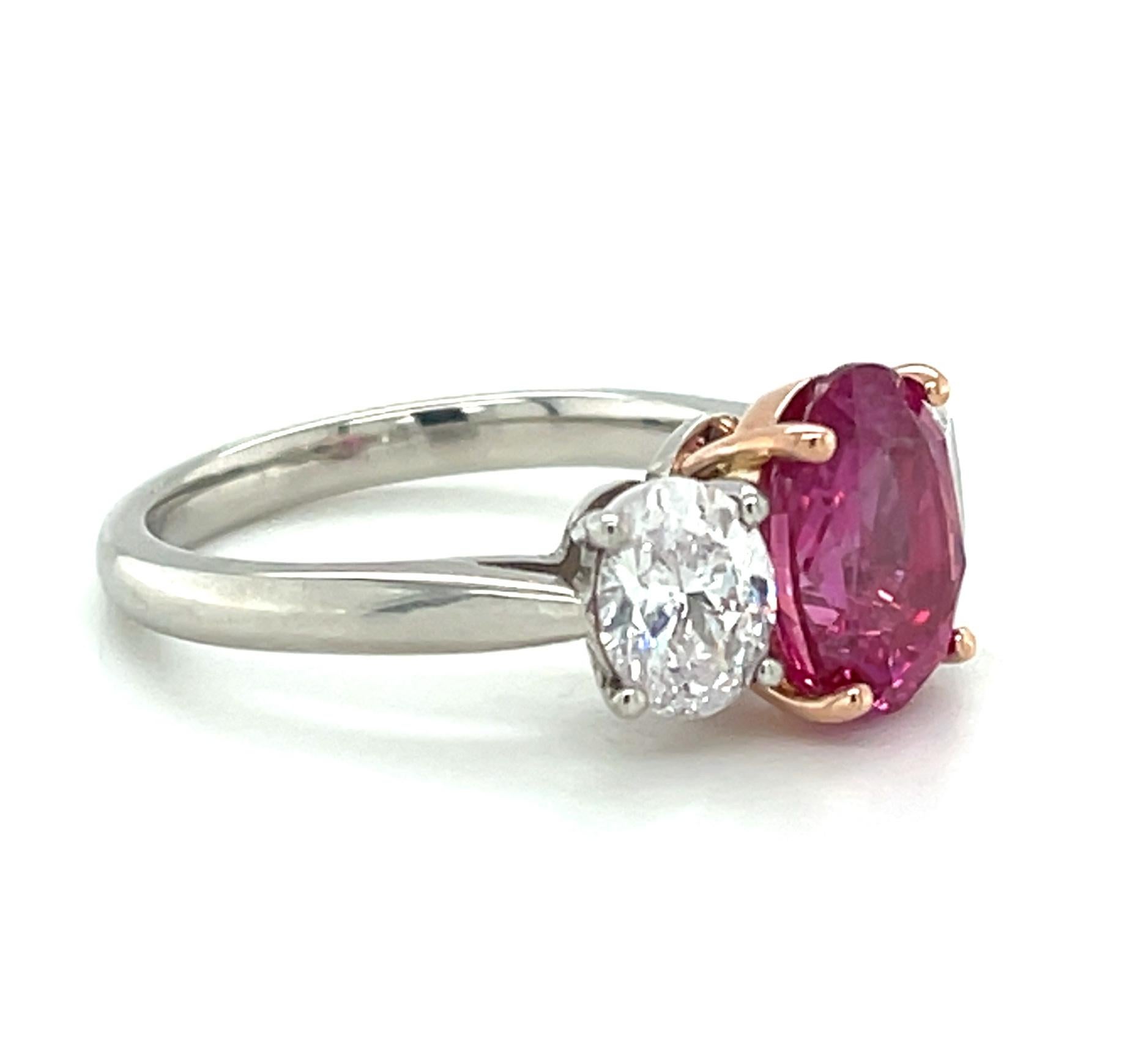 Pink Sapphire Engagement Ring, 3.13 Carats with Oval Diamonds, GIA Certified In New Condition For Sale In Los Angeles, CA