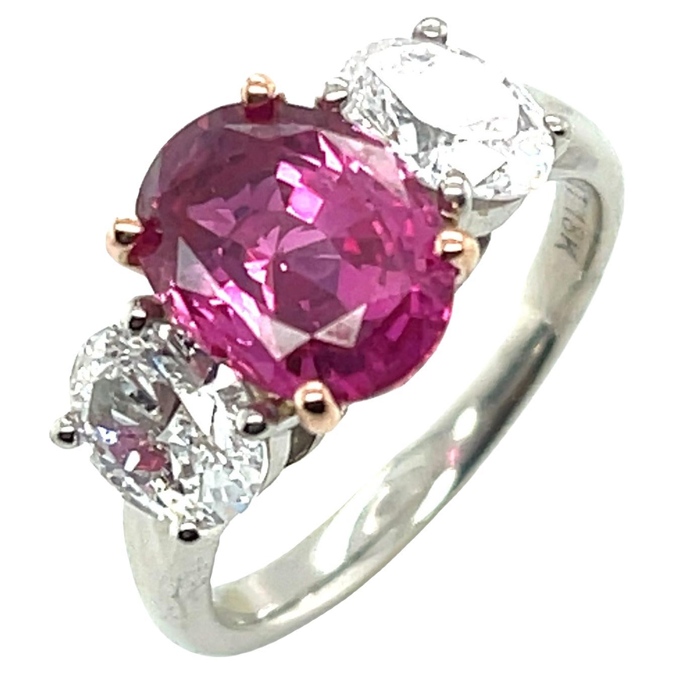 Pink Sapphire Engagement Ring, 3.13 Carats with Oval Diamonds, GIA Certified For Sale