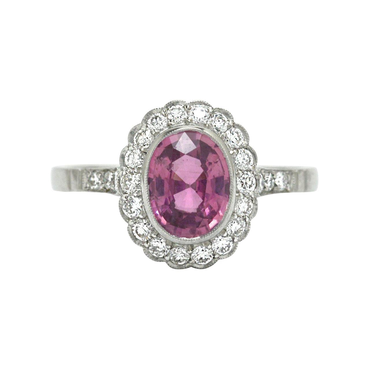 Pink Sapphire Engagement Ring Natural Diamond 2 Carat Halo Art Deco Style