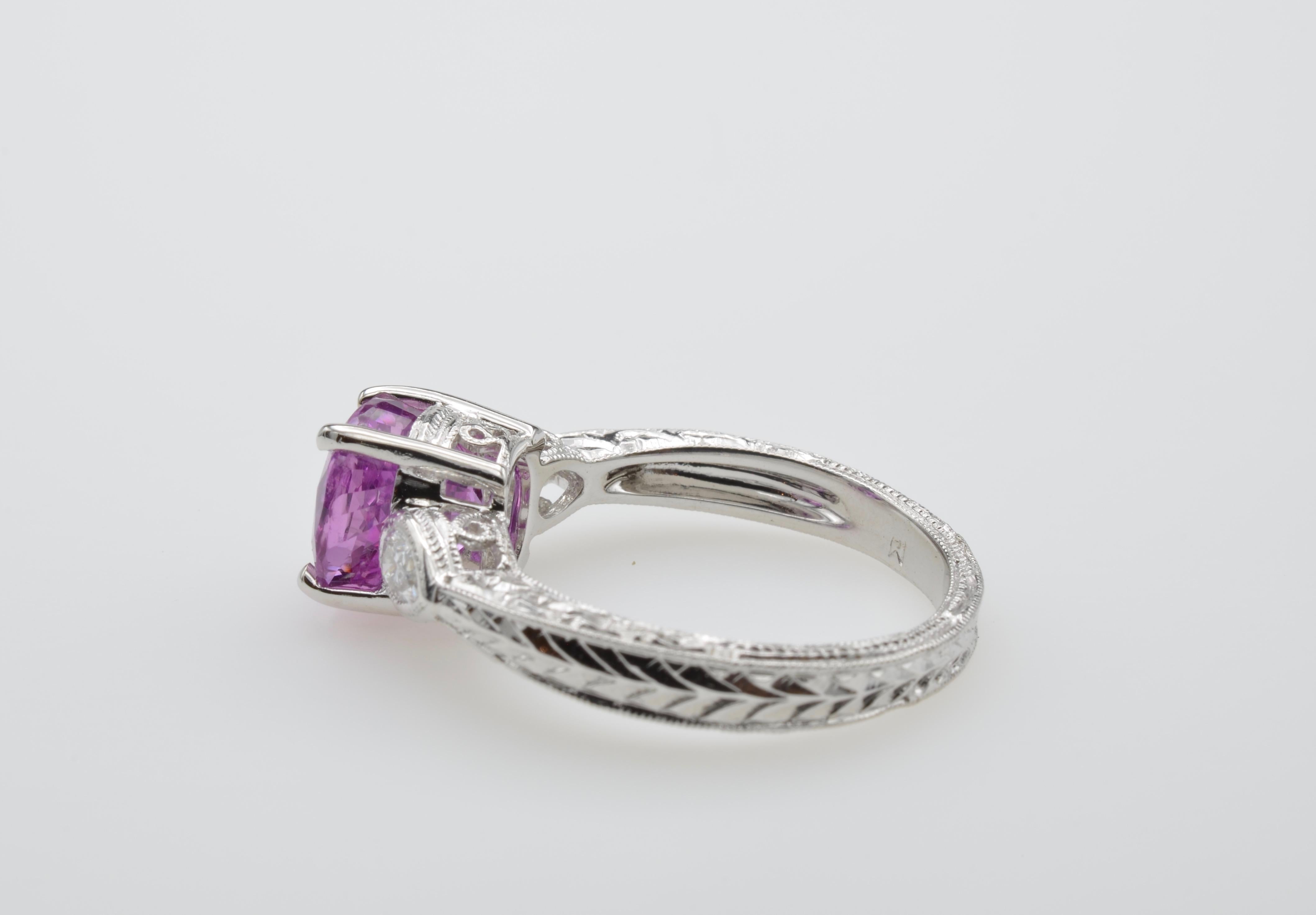 Modern Pink Sapphire Engagement Ring with Pear Diamonds and White Gold Filigree