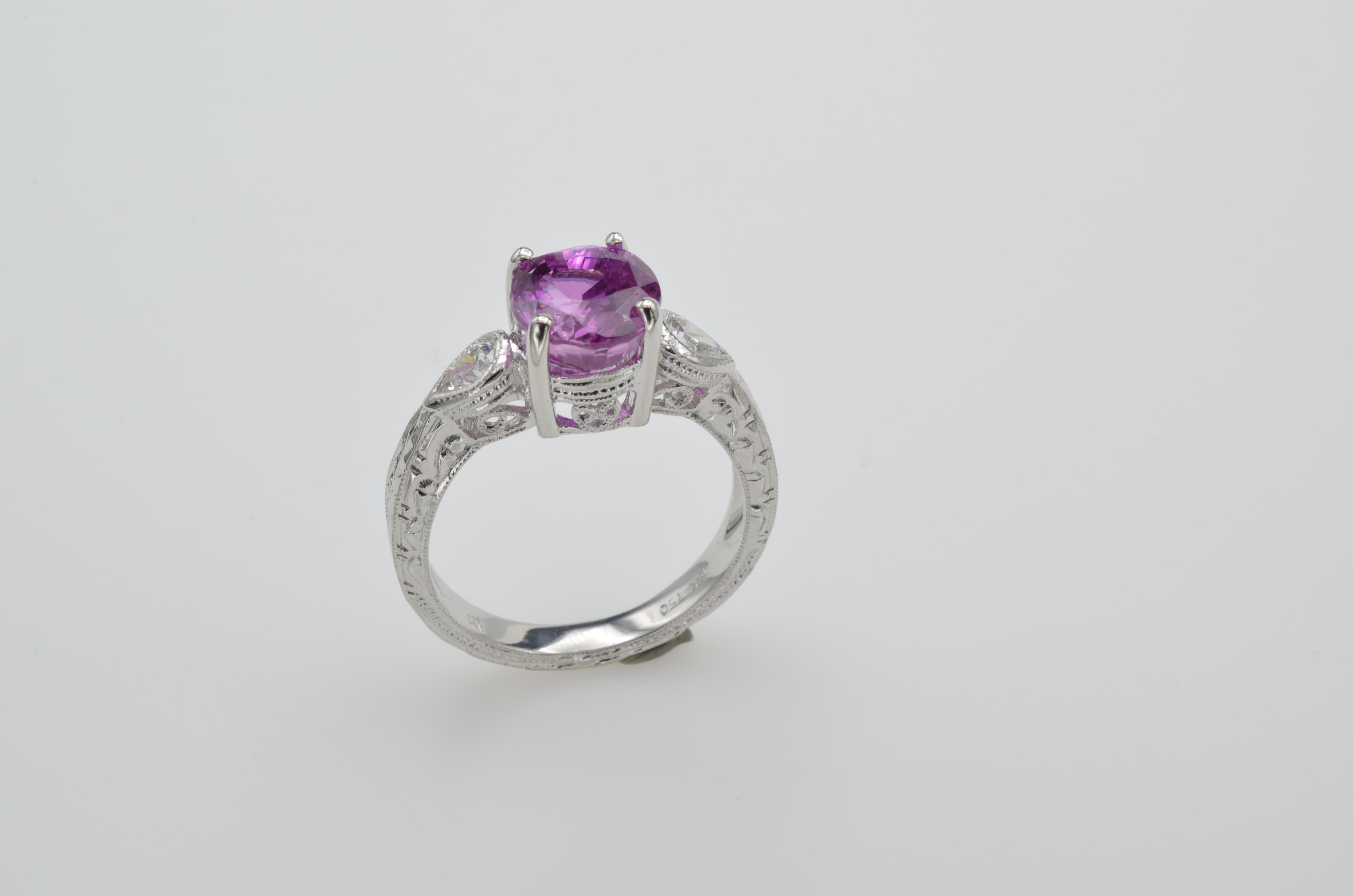 Women's Pink Sapphire Engagement Ring with Pear Diamonds and White Gold Filigree