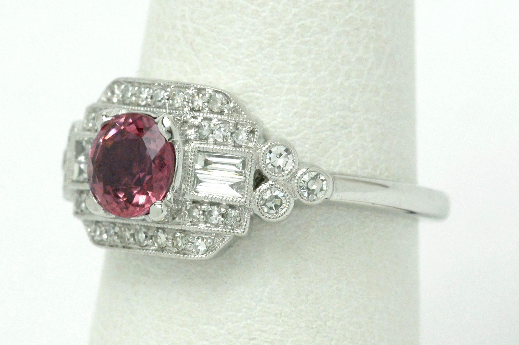 Revival Pink Sapphire Estate Diamond White Gold Gemstone Engagement Ring Art Deco Style